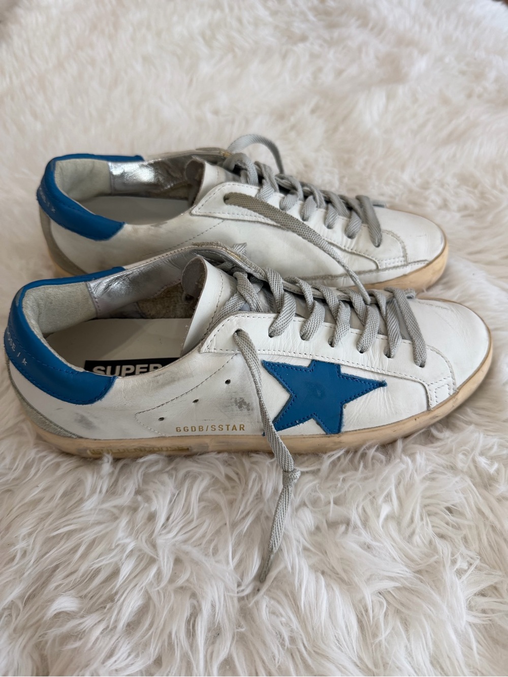 Golden Goose White Leather Sneakers with Blue Star Accent